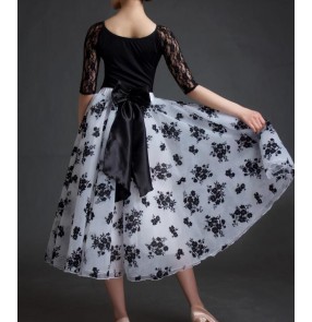 Black white velvet flocking flower floral  bowknot skirt women's female long length lace short sleeves performance long length competition ballroom waltz tango dance dresses for ladies set